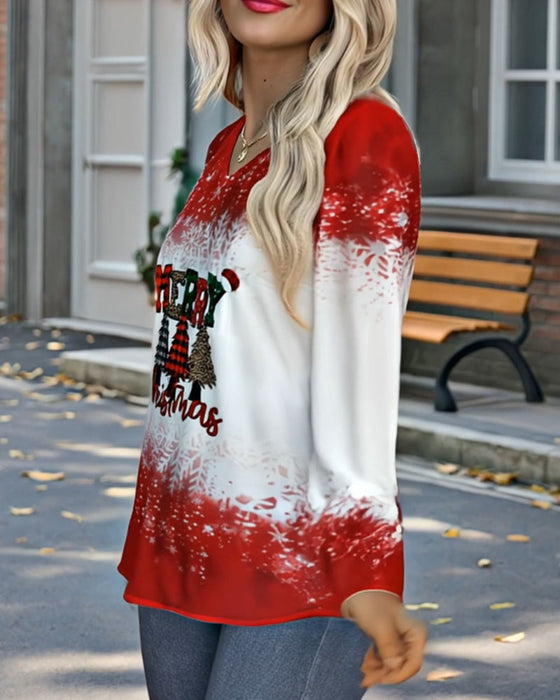 Top V-Hals Kerstboomprint Lange Mouwen