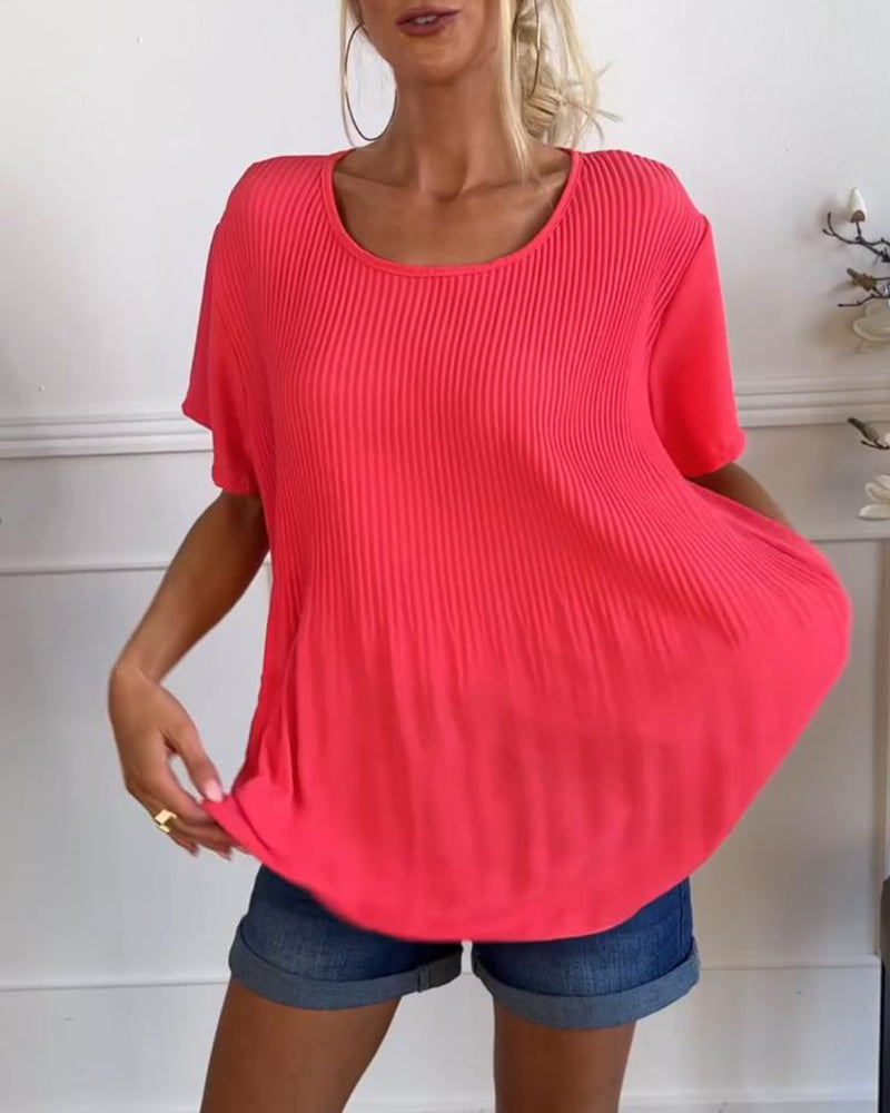 Effen gekleurde geplooide blouse met ronde hals