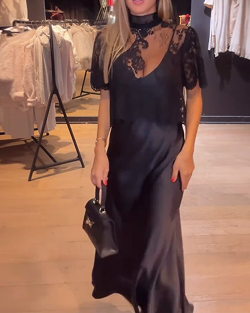 Set Kanten En Meshblouse Met Gedrapeerde Slipjurk