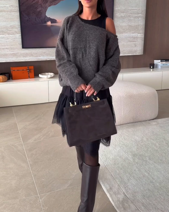 Off-Shoulder Wijd Trui & Kant Zoom Jurk