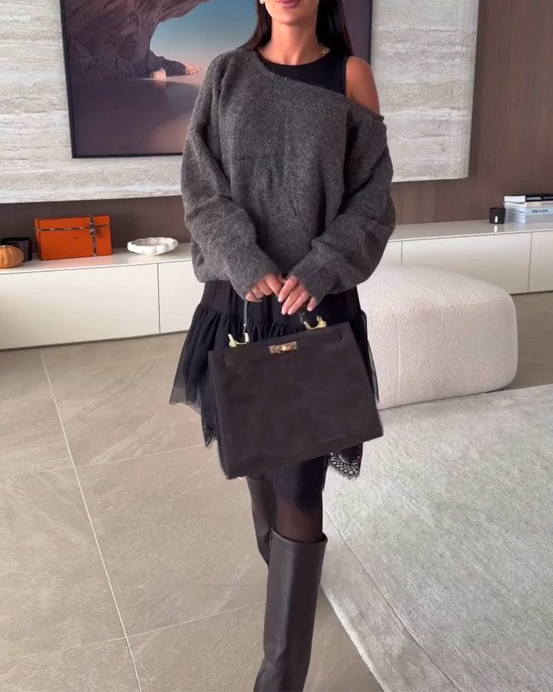 Off-Shoulder Wijd Trui & Kant Zoom Jurk