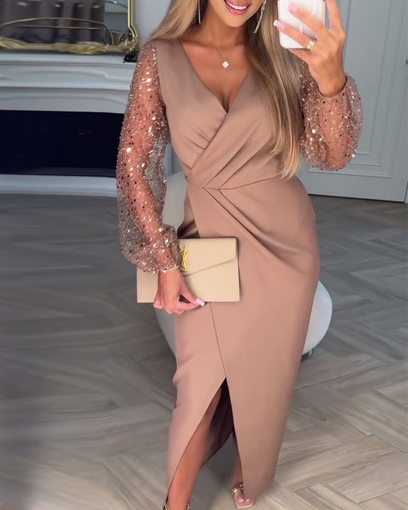 Pailletten Mouwen Elegante Split Jurk