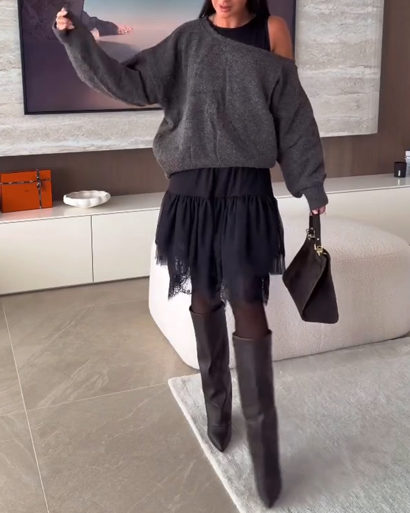 Off-Shoulder Wijd Trui & Kant Zoom Jurk