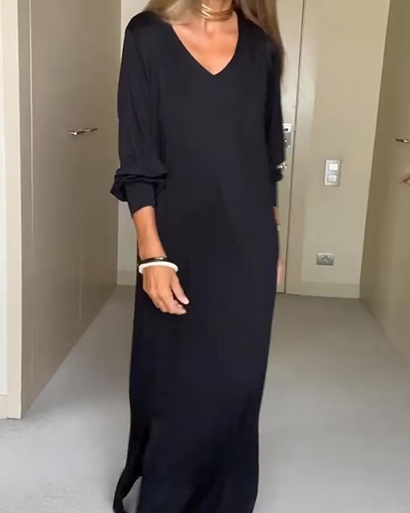 Casual effen jurk met v-hals