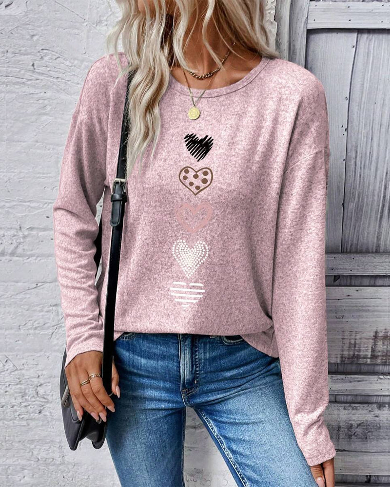 Top Lange Mouw Ronde Hals Liefdeshart Print
