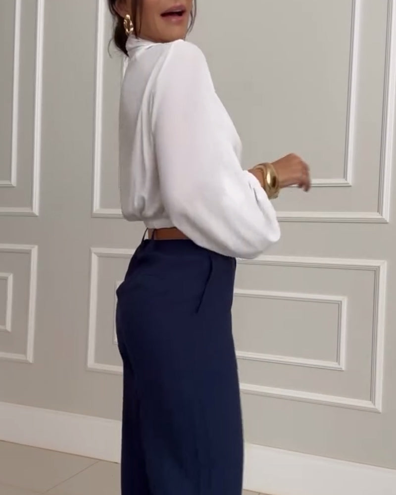 Mode effen kleur blouse met V-hals en lantaarnmouw