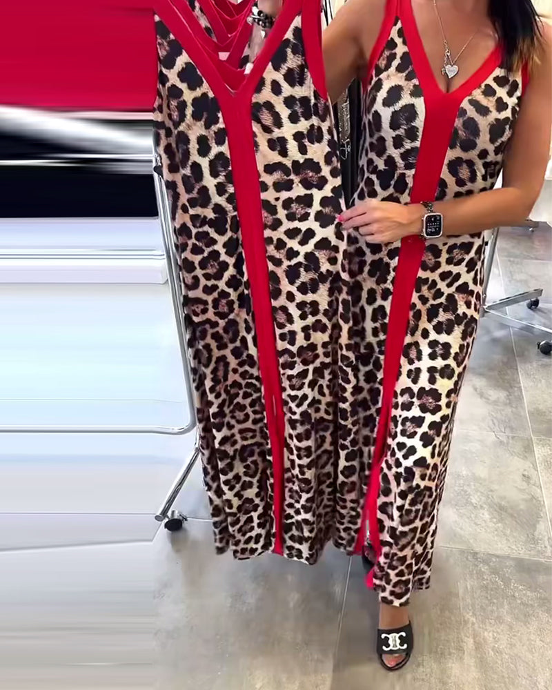 Jurk Mouwloos Elegant Luipaardprint Contrast