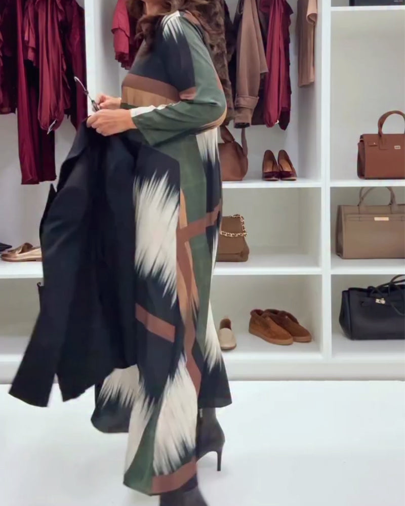 Modieuze Gedrukte Jurk Met Ronde Hals En Lange Mouwen