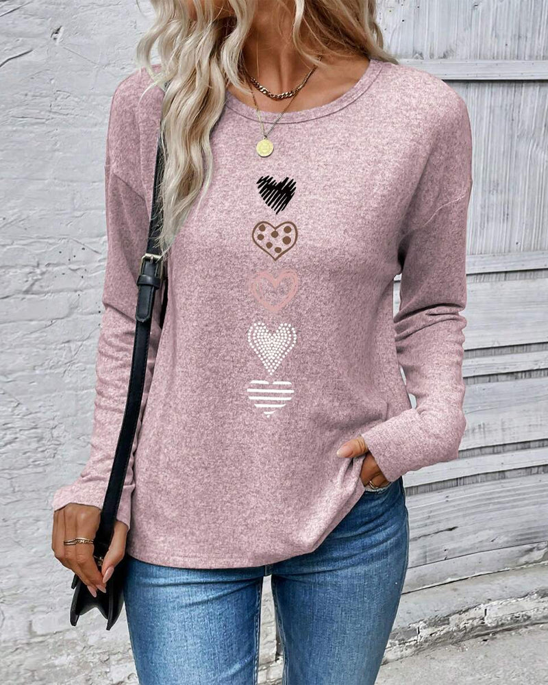 Top Lange Mouw Ronde Hals Liefdeshart Print
