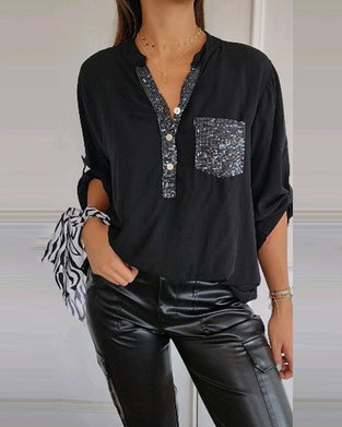 Losvallende casual top met patchwork en pailletten