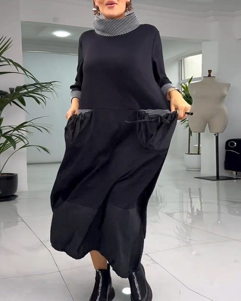 Casual geruite patchwork jurk met hoge kraag en zak