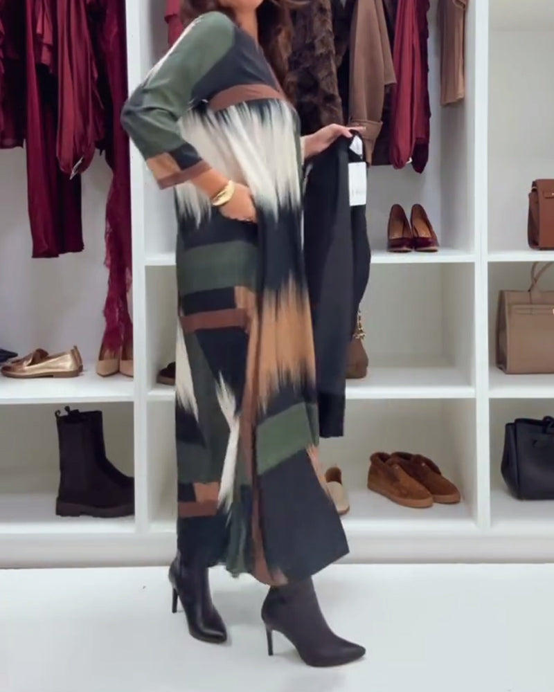 Modieuze Gedrukte Jurk Met Ronde Hals En Lange Mouwen