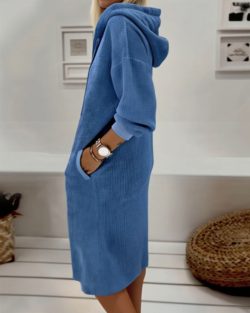 Jurk Van Fleece Met Waffelstof Casual Met Capuchon