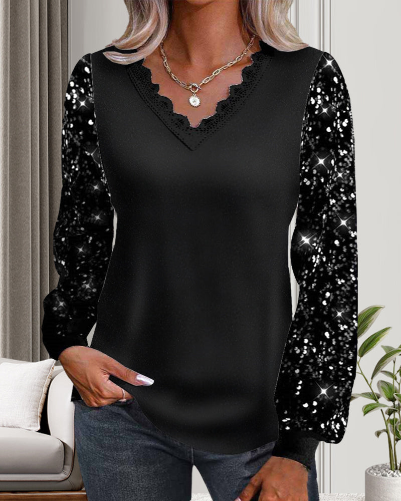 Casual effen top met pailletten en V-hals