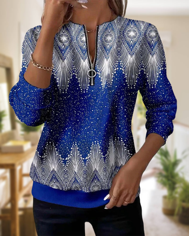 Hoodie Met Half-Rits Detail, Retro Stijl En Geprinte Patroon