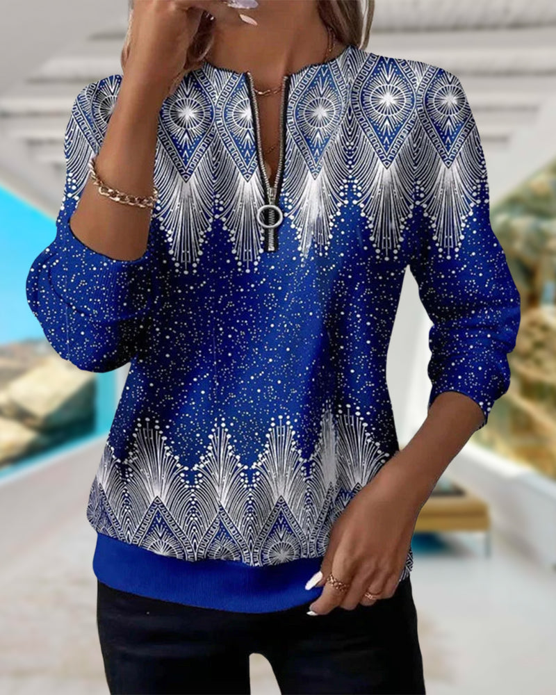 Hoodie Met Half-Rits Detail, Retro Stijl En Geprinte Patroon