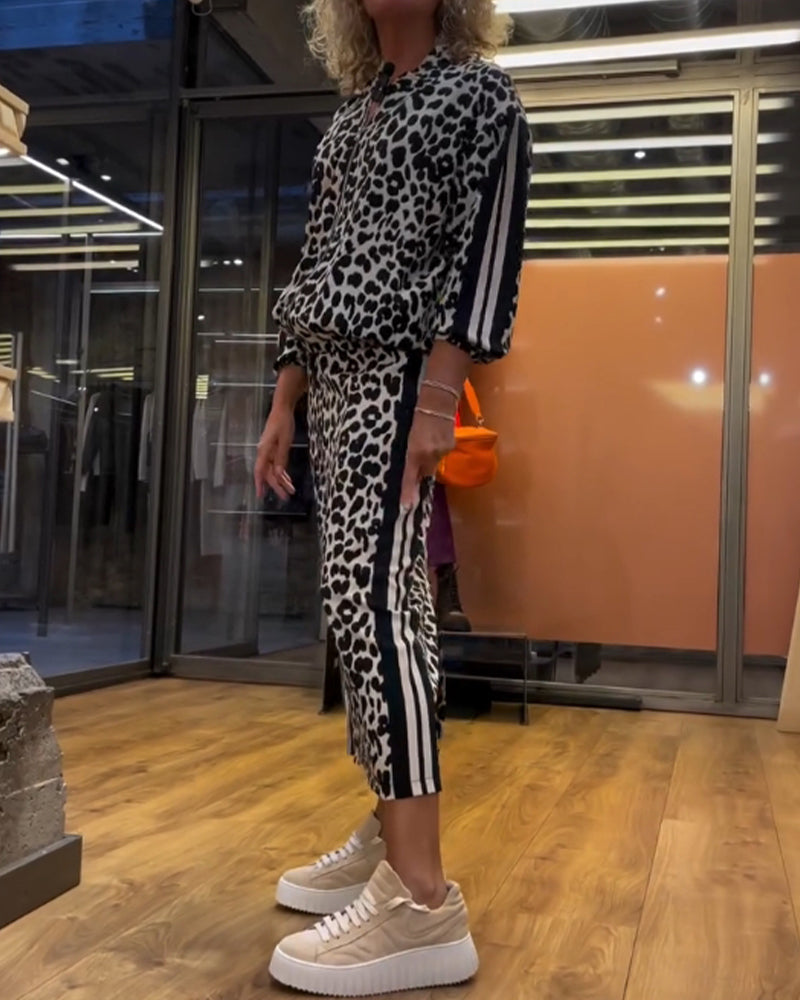 Tweedelige set met gestreepte rok met luipaardprint