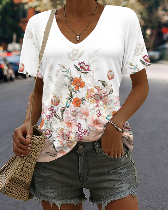 T-Shirt Bedrukt V-Hals Casual Met Korte Mouwen