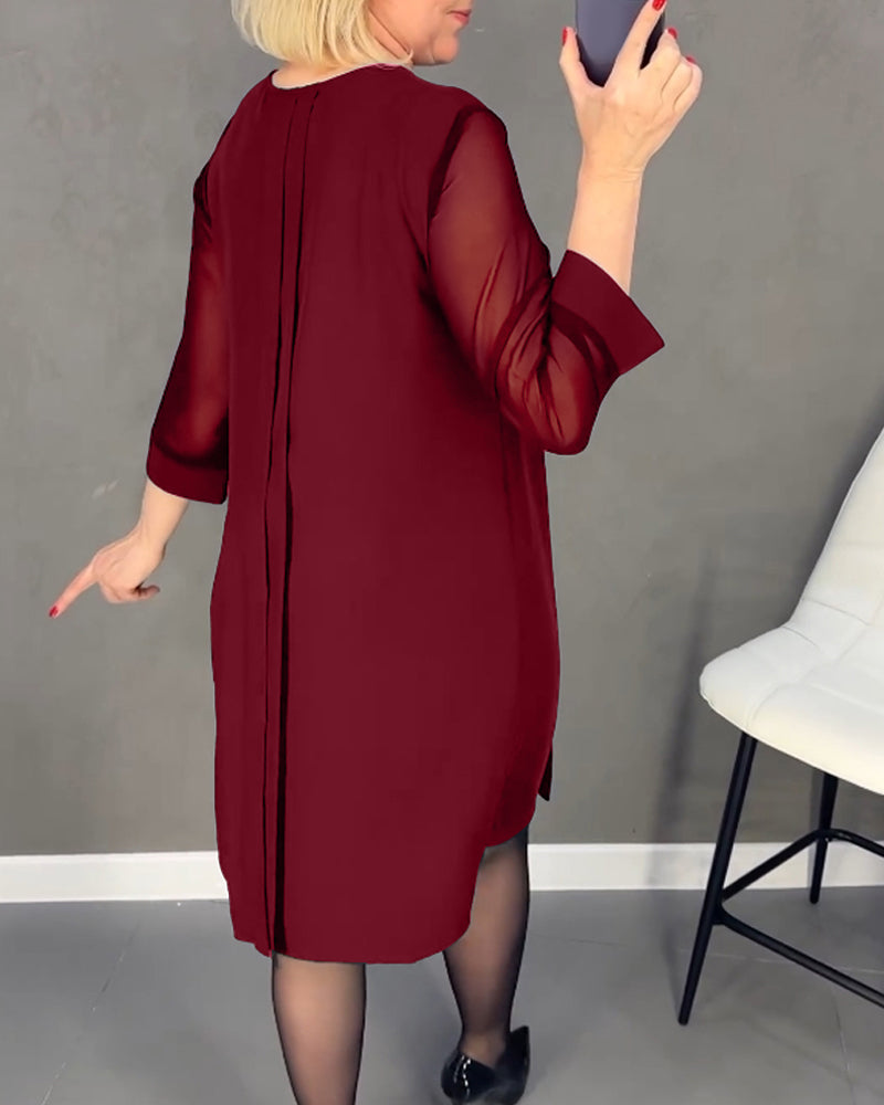 Geplooide effen jurk van patchwork-mesh