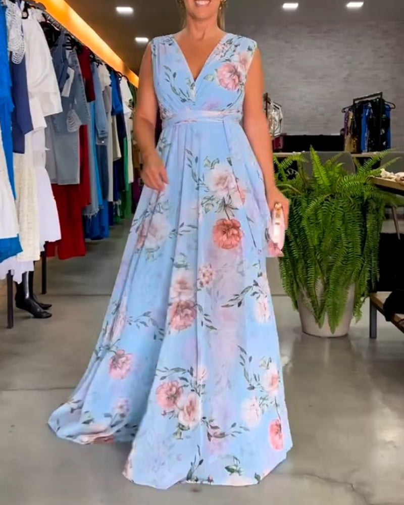 Elegante mouwloze jurk met V-hals en bloemenprint