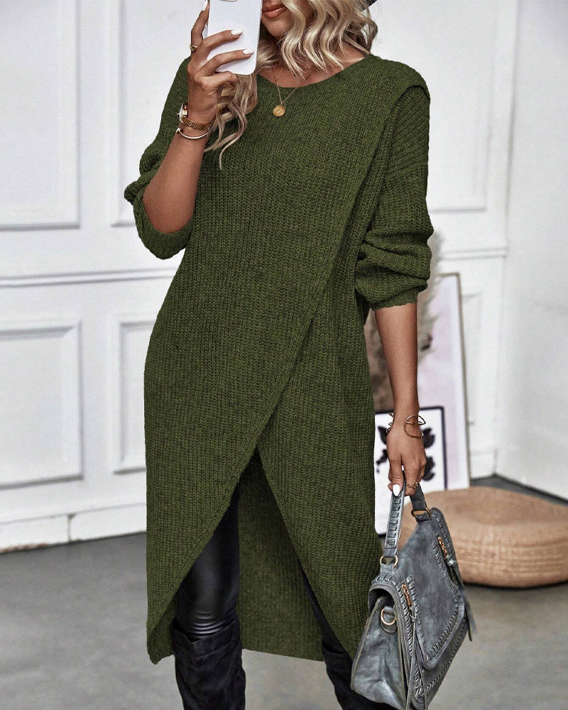 Effenkleurige sweaterjurk met onregelmatige zoom