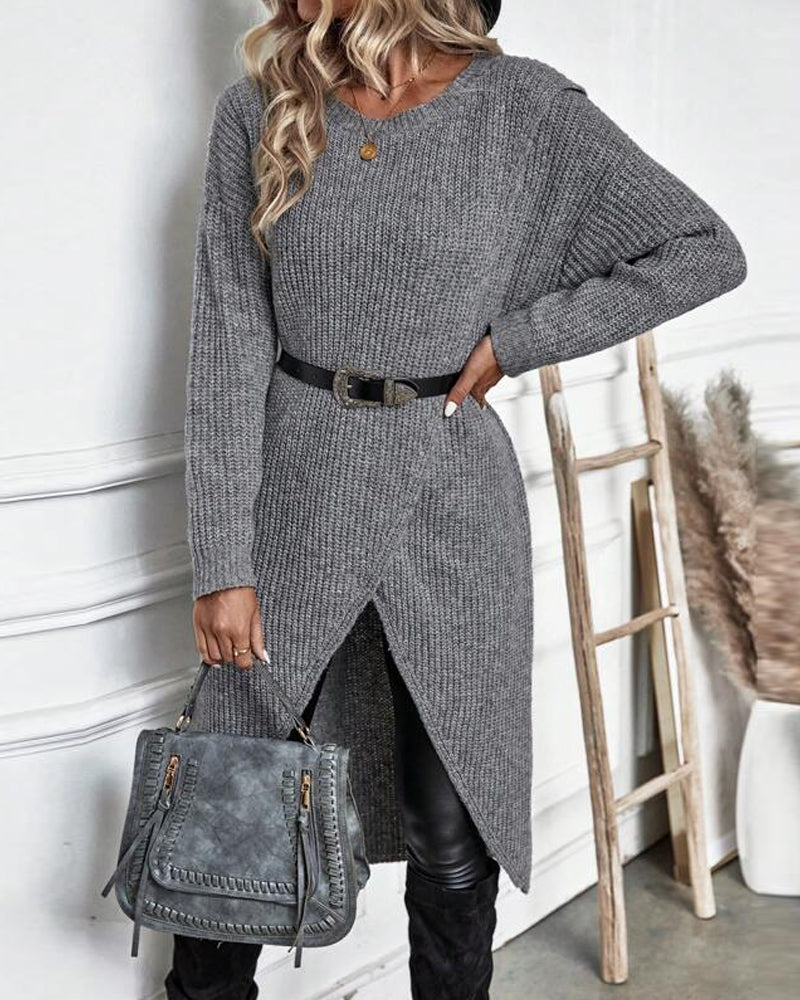 Effenkleurige sweaterjurk met onregelmatige zoom