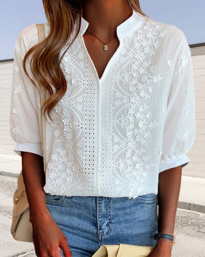Effen blouse met V-hals en korte mouwen