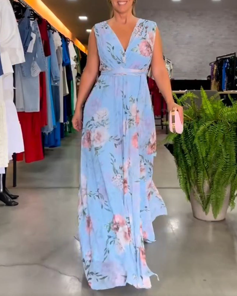 Elegante mouwloze jurk met V-hals en bloemenprint