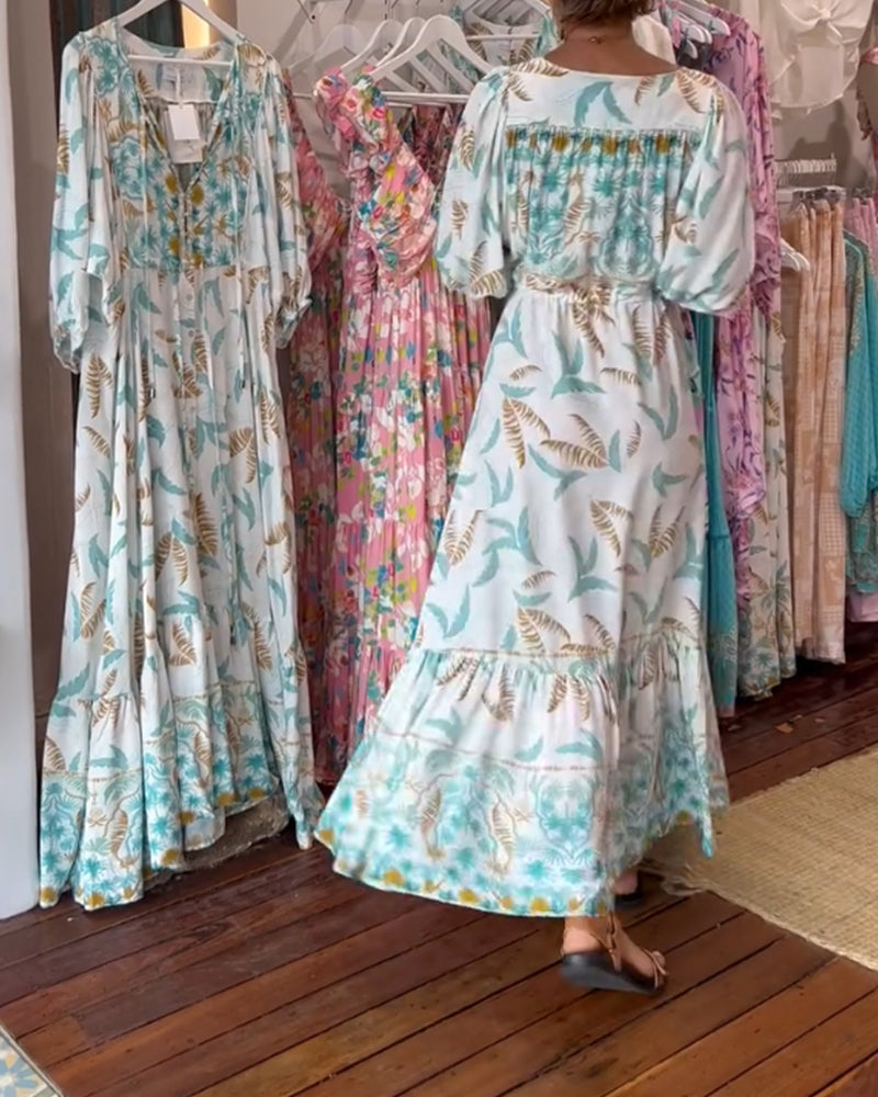 Maxi-jurk met bladprint voor dames met V-hals