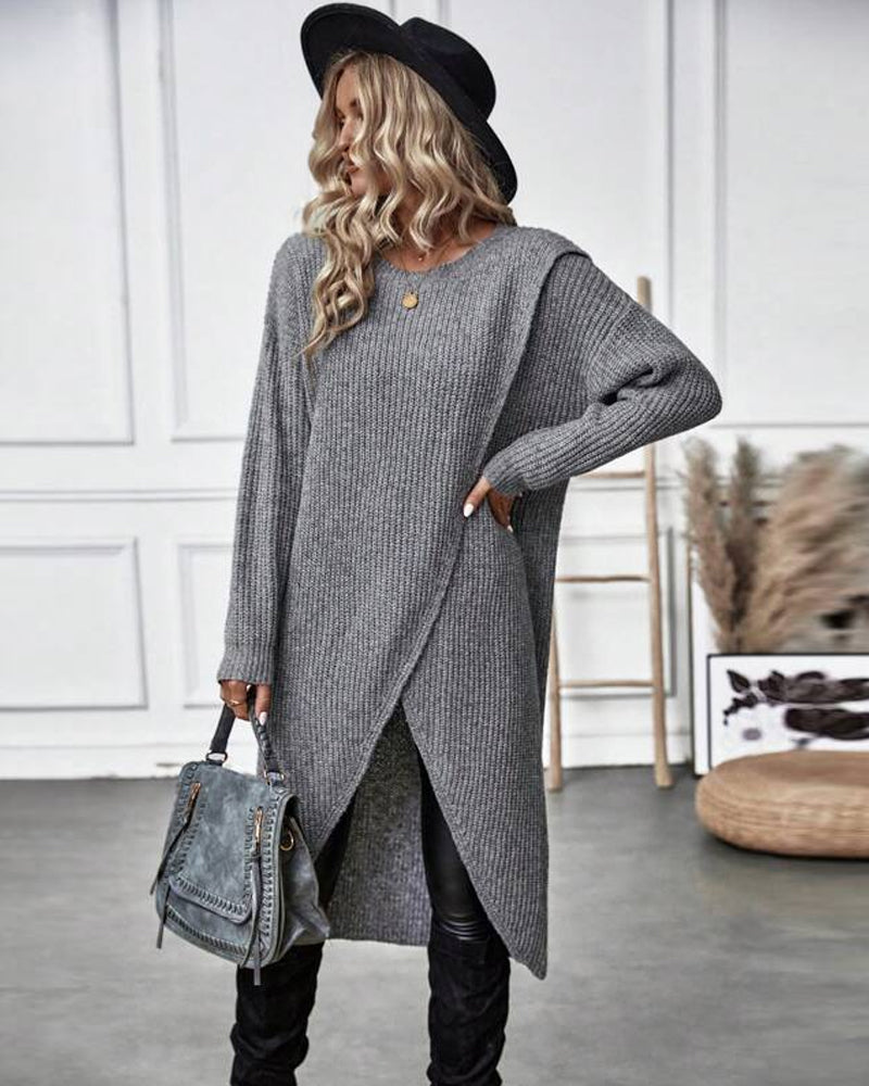 Effenkleurige sweaterjurk met onregelmatige zoom
