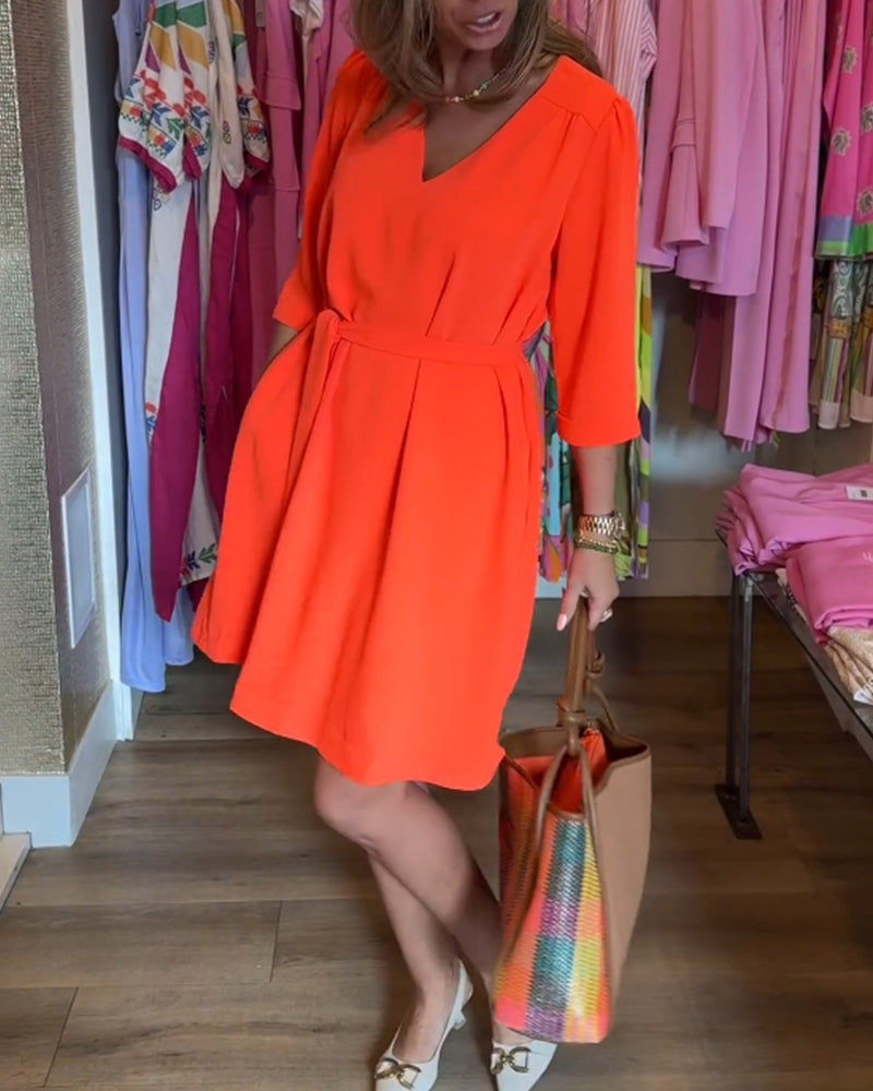 Midi Mouwen Effen Kleur Jurk met Riem