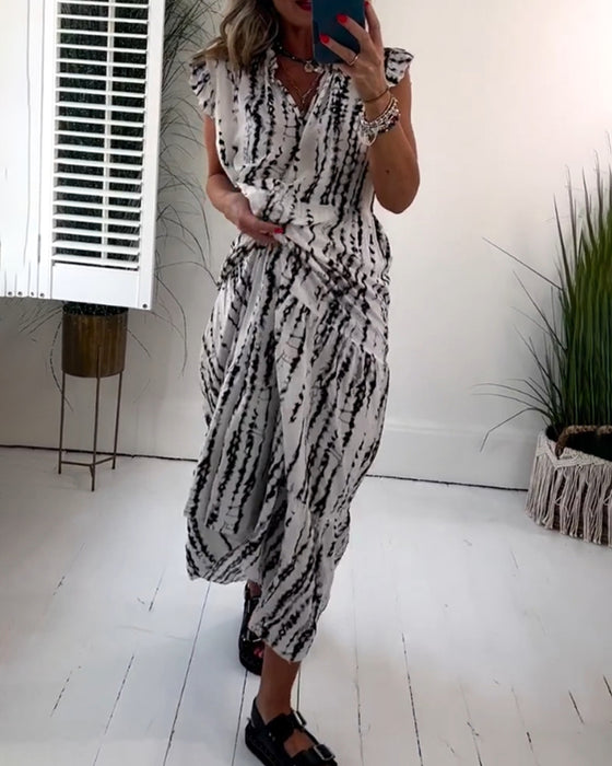 Fly Mouw Gedrukt V-Hals Jurk