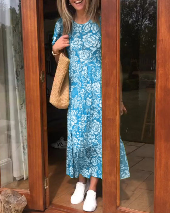 Lange jurk met bloemenprint en korte mouwen