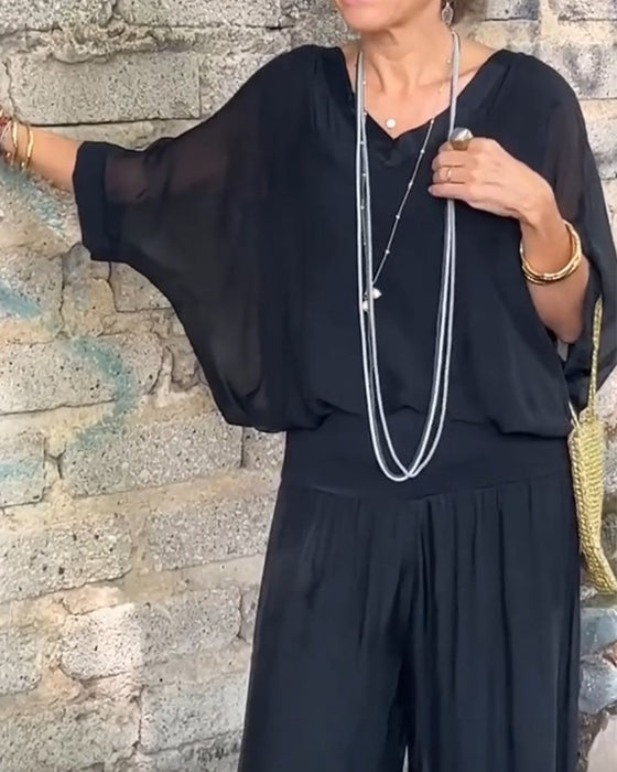 Casual tweedelig pak met V-hals, effen kleur