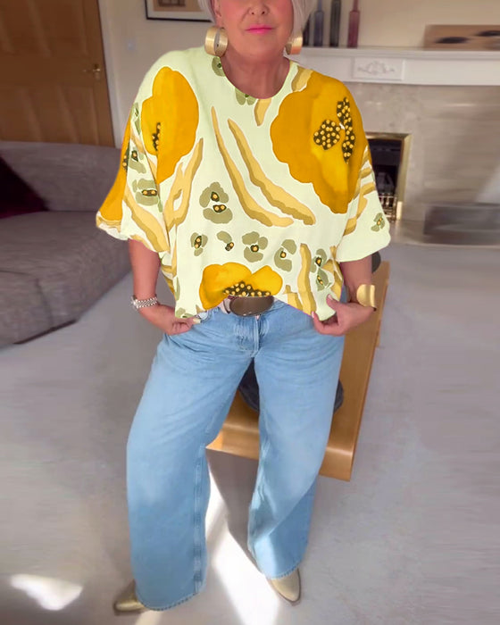 Casual top met ronde hals, print en halve mouwen