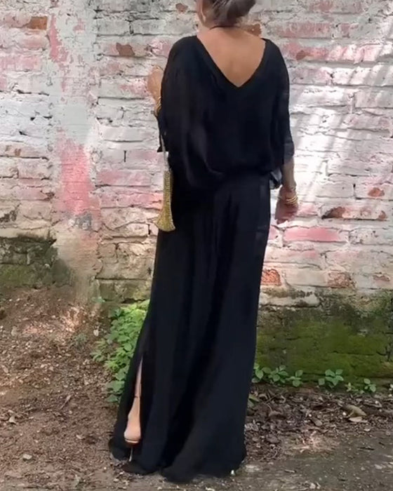 Casual tweedelig pak met V-hals, effen kleur