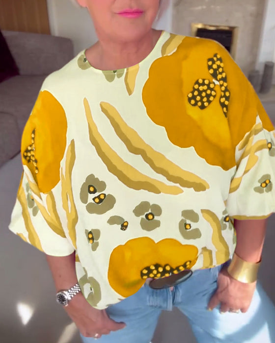Casual top met ronde hals, print en halve mouwen