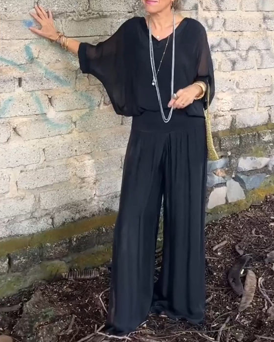 Casual tweedelig pak met V-hals, effen kleur