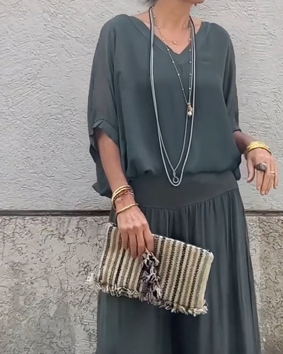 Casual tweedelig pak met V-hals, effen kleur