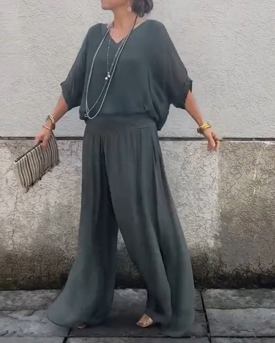 Casual tweedelig pak met V-hals, effen kleur