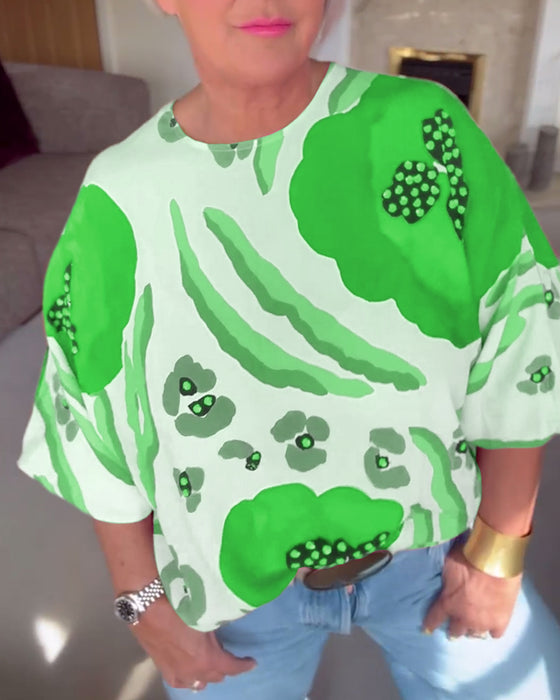 Casual top met ronde hals, print en halve mouwen