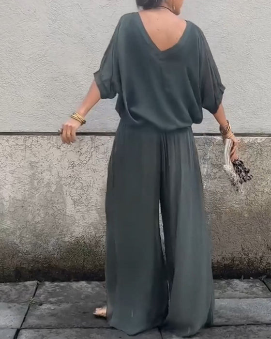 Casual tweedelig pak met V-hals, effen kleur