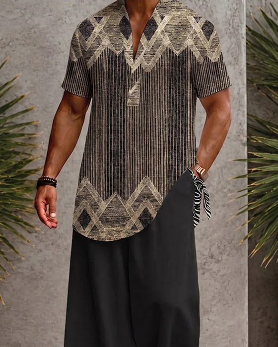 Blouse V-Hals Gestreept Heren Korte Mouw