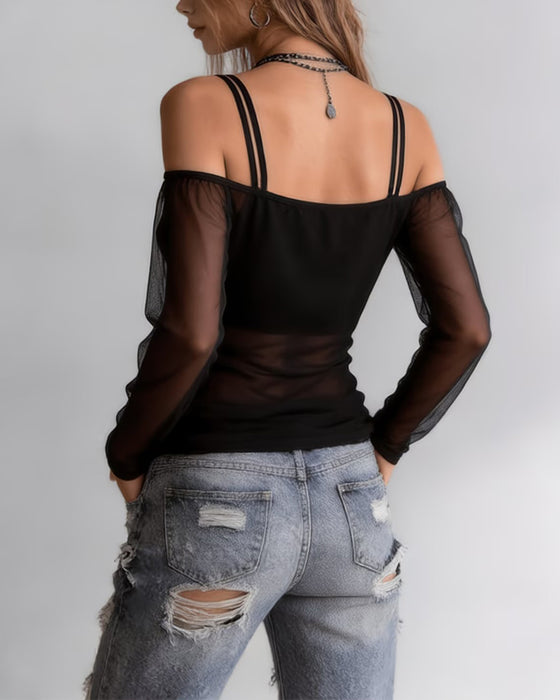 T-Shirt Spaghettiband Off-Shoulder Sheer