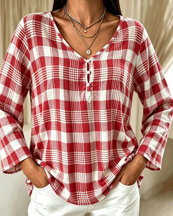 Blouse Stijlvol V-Hals Geruit Ellebooglange Mouw