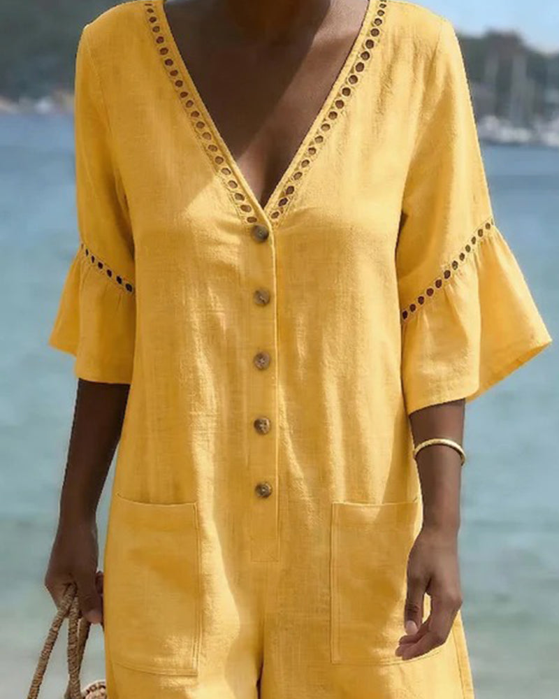 Jumpsuit V-Hals Effen Uitgeknipt