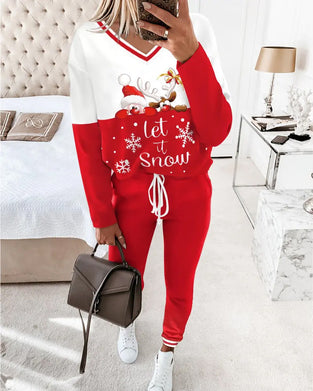 Set casual sport v-hals kerst print