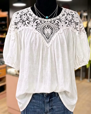 Blouse Pof Korte Mouw Kant Patchwork V-Hals