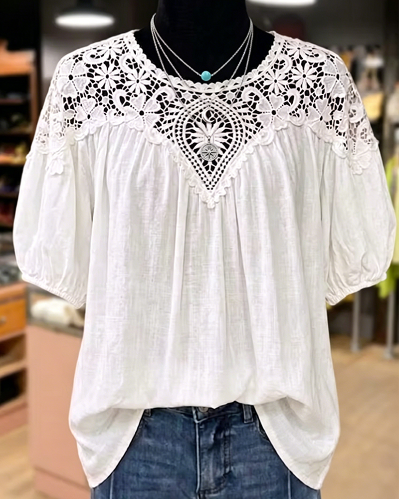 Blouse Pof Korte Mouw Kant Patchwork V-Hals