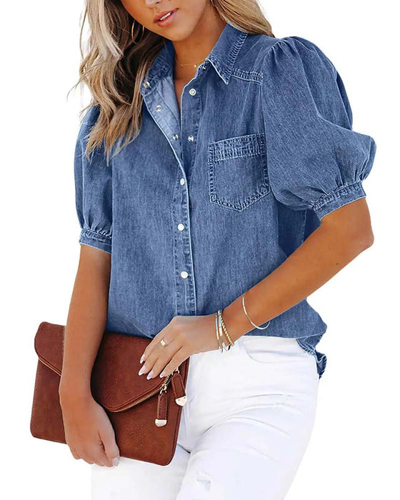Overhemd Drukknoop Denim Lantaarn Mouw Los